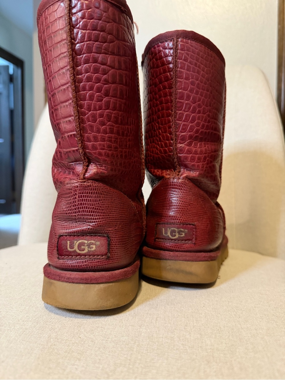UGG women’s Burgundy Croc-Embossed Mid-Calf Boots